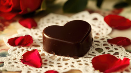 A delightful heart-shaped chocolate rests on a delicate doily, framed by vibrant red rose petals, evoking feelings of love and romance perfect for any special occasion.の素材
