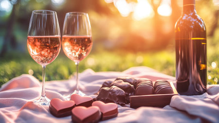 Enjoy a romantic evening with glasses of wine and decadent chocolates set against a beautiful sunset backdrop. Perfect for couples.の素材