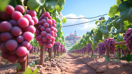 A picturesque vineyard scene featuring rows of ripe grapes under a bright blue sky with a charming village in the background, showcasing the beauty of rural life.の素材