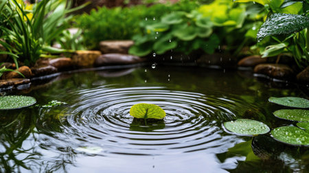 Serene garden pond featuring a vibrant lily pad amidst gentle ripples and falling droplets. This image captures the essence of tranquility in nature.の素材