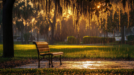 A serene park bench sits under a gentle rain while a golden sunset glows in the background. Water droplets catch the light, creating a tranquil atmosphere.の素材