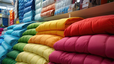 A vibrant display of soft bedding featuring a variety of colorful blankets and comforters. This lively arrangement showcases modern textile options for home decor.の素材