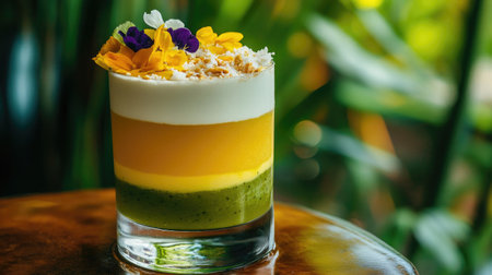 A stunning layered dessert showcasing vibrant colors and fresh fruits, topped with edible flowers. Perfect for serving at events or in restaurants.の素材