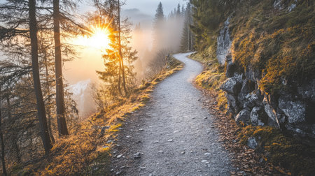 A tranquil trail meanders through a misty forest, illuminated by golden sunlight. This serene landscape invites adventure and exploration in nature's beauty.の素材