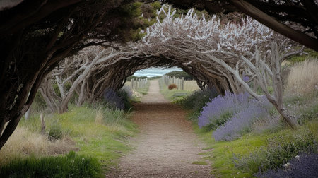 A serene pathway winds through arching trees and vibrant lavender fields, inviting a peaceful escape into nature's beauty and tranquility. Perfect for relaxation.の素材