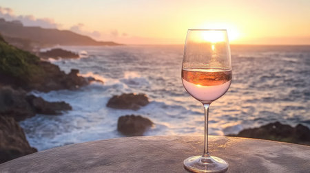 A serene sunset scene featuring a glass of rosの素材