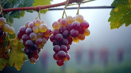 Close-up view of fresh grapes hanging on a vine, adorned with raindrops, set against a misty backdrop, capturing the essence of nature's beauty and agricultural bounty.の素材