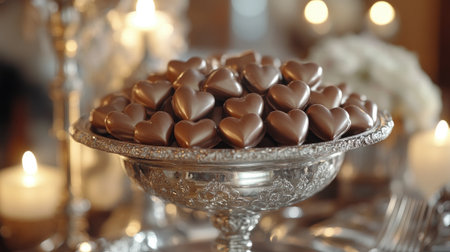 A stunning display of heart-shaped chocolates arranged on a shimmering silver platter, perfect for romantic occasions and festive celebrations.の素材