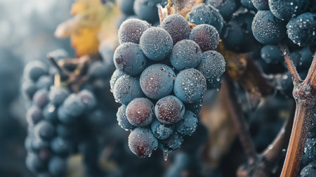 Close-up of ripe blue grapes covered in dew drops, nestled on green vines. This image captures the essence of nature's bounty in a vineyard setting.の素材