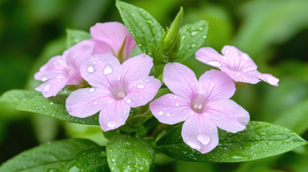 This image showcases delicate pink flowers adorned with dew drops, surrounded by lush green foliage. Perfect for nature-themed projects or floral designs.の素材