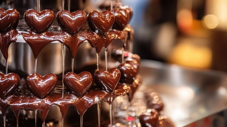 Immerse in the delicious ambiance of a heart-shaped chocolate fountain, featuring rich, flowing chocolate ideal for celebrations or romantic events.の素材