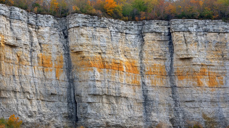 Explore a stunning rock formation highlighted by vibrant autumn foliage. The cliffs display unique textures, colors, and intricate layers, showcasing nature's beauty.の素材