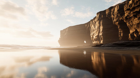 A tranquil coastal scene featuring majestic rocky cliffs bathed in soft sunlight. Gentle waves lap against the shore, creating a peaceful atmosphere perfect for nature lovers.の素材