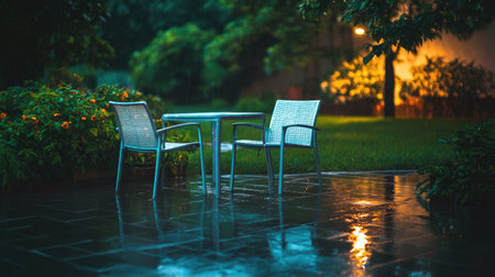 A tranquil garden scene featuring a table and chairs during a rain shower. The gentle illumination from nearby lights creates a serene atmosphere.の素材