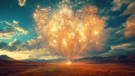 A breathtaking display of fireworks illuminates a mountain landscape under a colorful sky. The vibrant eruption of light creates a magical atmosphere, celebrating nature's beauty.の素材