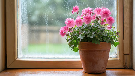 A beautiful pot of pink geranium flowers sits on a wooden windowsill, with raindrops on the glass, creating a serene and cozy atmosphere indoors.の素材