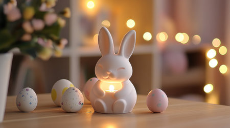 A charming scene featuring a bunny-shaped candle holder surrounded by colorful decorative eggs, creating a warm and festive atmosphere for Easter celebrations.の素材