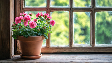 A delightful view of pink flowers in a clay pot beside a rustic window, showcasing vibrant petals against a lush green backdrop, evoking a sense of tranquility.の素材