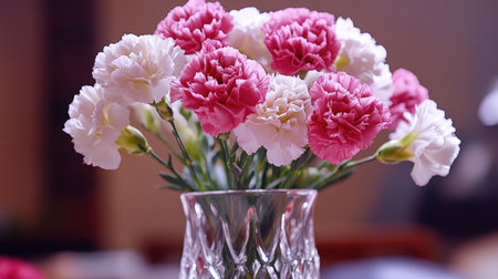 A beautiful display of pink and white carnations arranged in a crystal vase, perfect for home decor or events. The soft colors enhance any space's elegance and warmth.の素材
