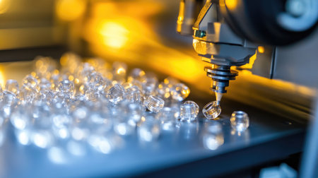 A close-up view of a precision manufacturing process featuring transparent plastic components. Highlighted are the exceptional detail and advanced technology used in modern production techniques.の素材