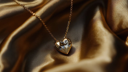 This exquisite heart-shaped necklace is elegantly displayed on shimmering gold fabric. The intricate design exudes luxury and charm, perfect for any occasion.の素材