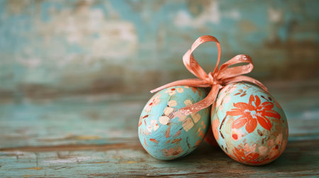 Two beautifully decorated Easter eggs with floral patterns and a ribbon on a rustic wooden surface, perfect for capturing the essence of spring celebrations.の素材