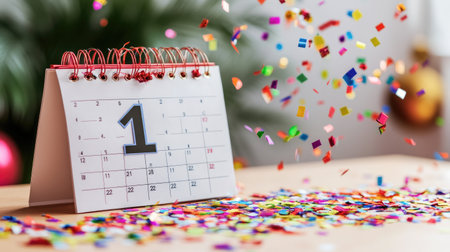 A vibrant scene featuring a desk calendar showing the first day of the month, surrounded by colorful confetti, perfect for capturing festive moments and celebrations.の素材