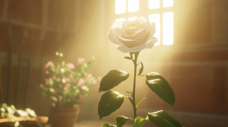 A stunning white rose stands tall, illuminated by soft sunlight. The gentle ambiance creates a serene atmosphere, showcasing the natural beauty of the flower.の素材