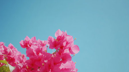 A stunning display of bright pink bougainvillea flowers against a clear blue sky, perfect for nature lovers and vibrant decor. Ideal for summer themes.の素材