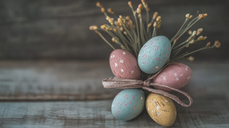 A charming arrangement of colorful Easter eggs tied with a bow, complemented by delicate flowers, set against a rustic wooden background for festive inspiration.の素材