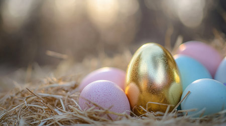 A stunning arrangement of colorful Easter eggs sits nestled in straw, featuring a shimmering golden egg that captures the essence of the holiday spirit.の素材