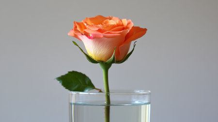 A stunning orange rose stands gracefully in a clear vase filled with water. The soft petals and leafy stem create a vibrant focal point, perfect for home decor.の素材