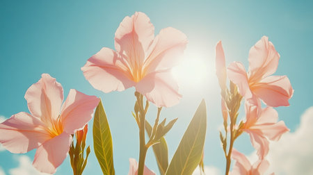 A stunning view of delicate pink flowers reaching for the bright blue sky, illuminated by warm sunlight, creating a serene and vibrant outdoor ambiance.の素材