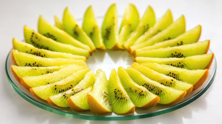 Vibrant slices of fresh kiwi arranged in a circular pattern on a clear glass plate, showcasing the fruit's natural beauty and health benefits for a delightful snack.の素材