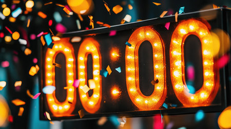 A glowing countdown clock set at midnight surrounded by a burst of colorful confetti. Perfect for evoking excitement and festive ambiance during celebrations.の素材