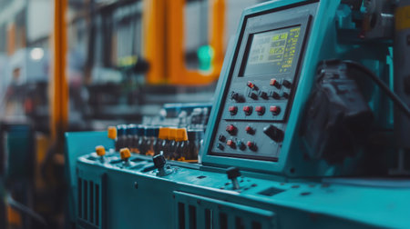 A close-up of a control panel in a manufacturing facility, showcasing vibrant colors and various buttons, highlighting modern industrial technology and processes.の素材