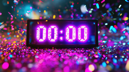 A vibrant countdown timer showing 00:00 against a backdrop of colorful confetti. Perfect for capturing the excitement and joy of celebrations, particularly New Year events.の素材