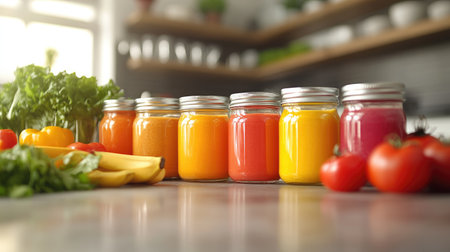 A vibrant display of colorful jars filled with fresh juices, surrounded by healthy ingredients like vegetables and fruits on a rustic kitchen table.の素材