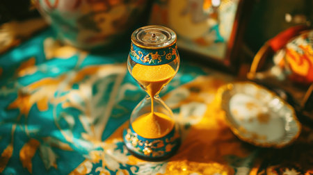 An ornate hourglass filled with golden sand sits gracefully on a colorful vintage fabric, capturing the essence of time and exquisite craftsmanship in a beautiful arrangement.の素材