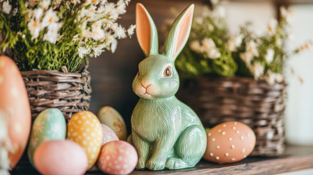 A charming Easter decoration featuring a green bunny surrounded by colorful eggs and flowers in baskets. Perfect for spring celebrations and festive home styling.の素材