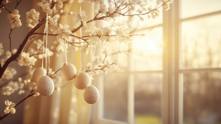 A beautiful arrangement of Easter eggs elegantly hanging from a blossoming tree branch. Soft sunlight streams through a window, creating a warm and inviting atmosphere.の素材