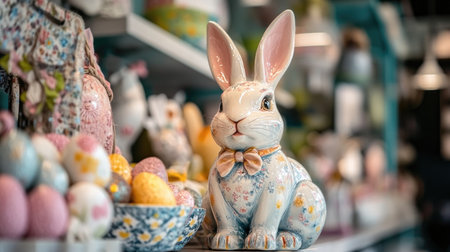A charming ceramic bunny sits gracefully among an array of colorful Easter eggs, creating a joyful springtime atmosphere perfect for festive celebrations.の素材