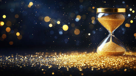 Capture the essence of time with this stunning golden hourglass, featuring sparkling sand flowing gracefully. Ideal for concepts of time, elegance, and beauty.の素材