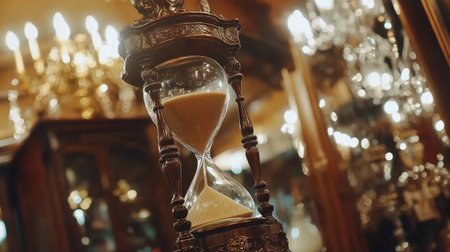 This stunning image showcases an elegant antique hourglass set in a luxurious vintage environment, embodying timeless beauty and intricate craftsmanship.の素材
