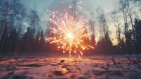 A stunning firework burst lights up a serene forest scene at twilight, surrounded by tall trees and a hint of winter's beauty, creating a magical atmosphere.の素材