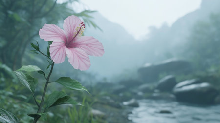 A close-up view of a pink hibiscus flower stands gracefully in a misty forest setting, highlighting nature's beauty and tranquility. Perfect for serene themes.の素材