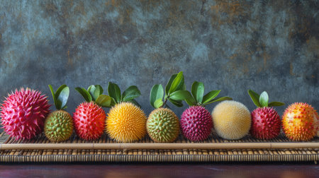 A stunning selection of vibrant, exotic fruits arranged on a rustic wooden surface, showcasing their unique textures and colors. Perfect for food photography.の素材