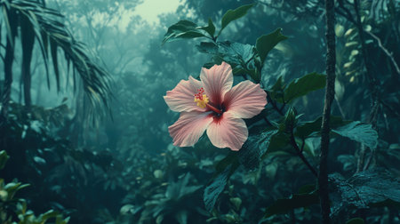 A stunning close-up of a pink hibiscus flower surrounded by lush greenery in a tropical jungle, showcasing vibrant colors and serene beauty in nature.の素材
