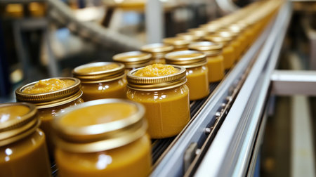 A close-up view of jars filled with honey moving on a conveyor belt in a modern processing facility. The image captures the meticulous production process of sweet, delicious honey.の素材