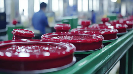 A close-up view of red paint cans arranged on a manufacturing line in a factory. The vibrant color and organized setup illustrate industrial production in action.の素材